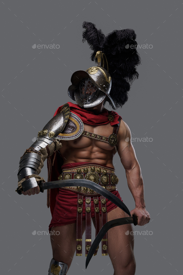 Handsome Greek Gladiator With Dual Swords And Plumed Helmet Stock Photo By Fxquadro